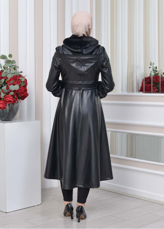HOODED FUR SLEEVE BELT LEATHER TRENCH COAT 1350 Siyah