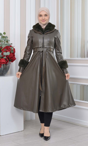 ترانشكوت جلد نسائي شتوي مع كبشون فرو 1350 - زيتي