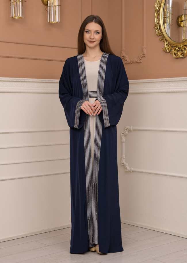 2-PIECE SET EMBROIDERED ABAYA AND DRESS 680 - deep blue