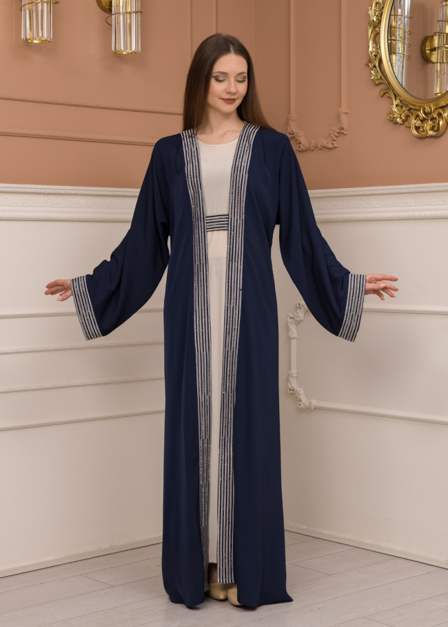 2-PIECE SET EMBROIDERED ABAYA AND DRESS 680 - deep blue