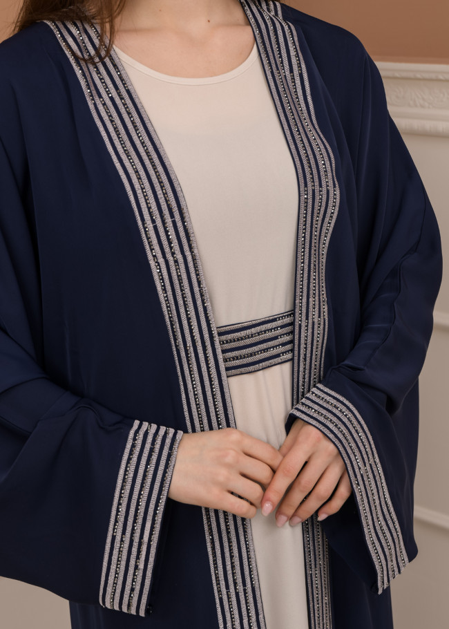 2-PIECE SET EMBROIDERED ABAYA AND DRESS 680 - deep blue