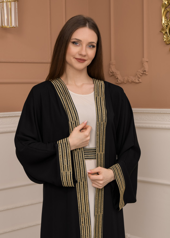 2-PIECE SET EMBROIDERED ABAYA AND DRESS 680 - black