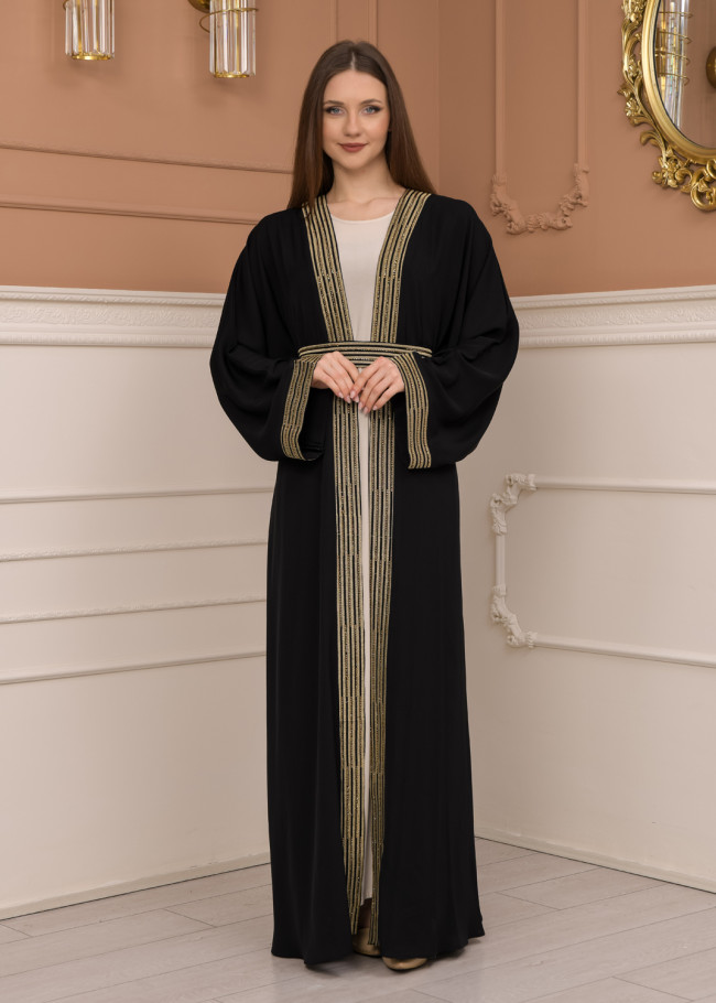 2-PIECE SET EMBROIDERED ABAYA AND DRESS 680 - black