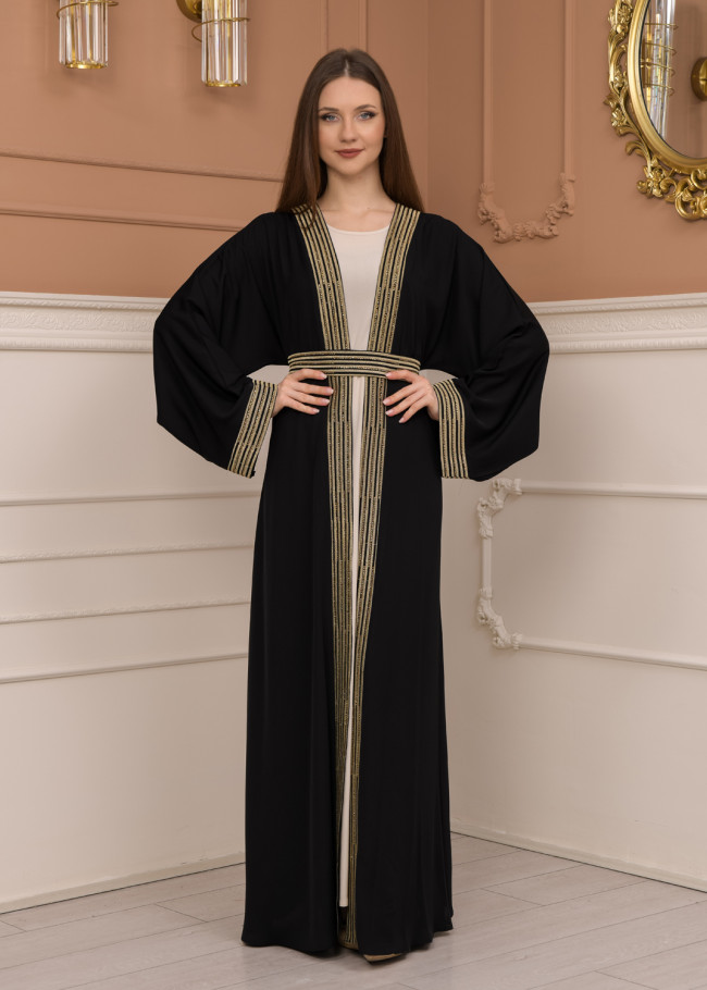 2-PIECE SET EMBROIDERED ABAYA AND DRESS 680 - black