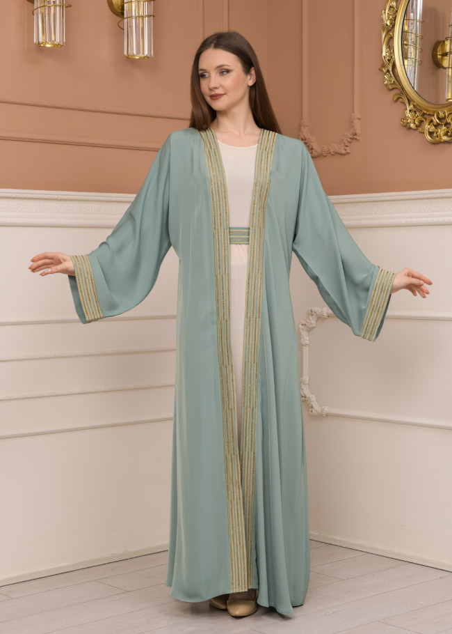 2-PIECE SET EMBROIDERED ABAYA AND DRESS 680 - mint