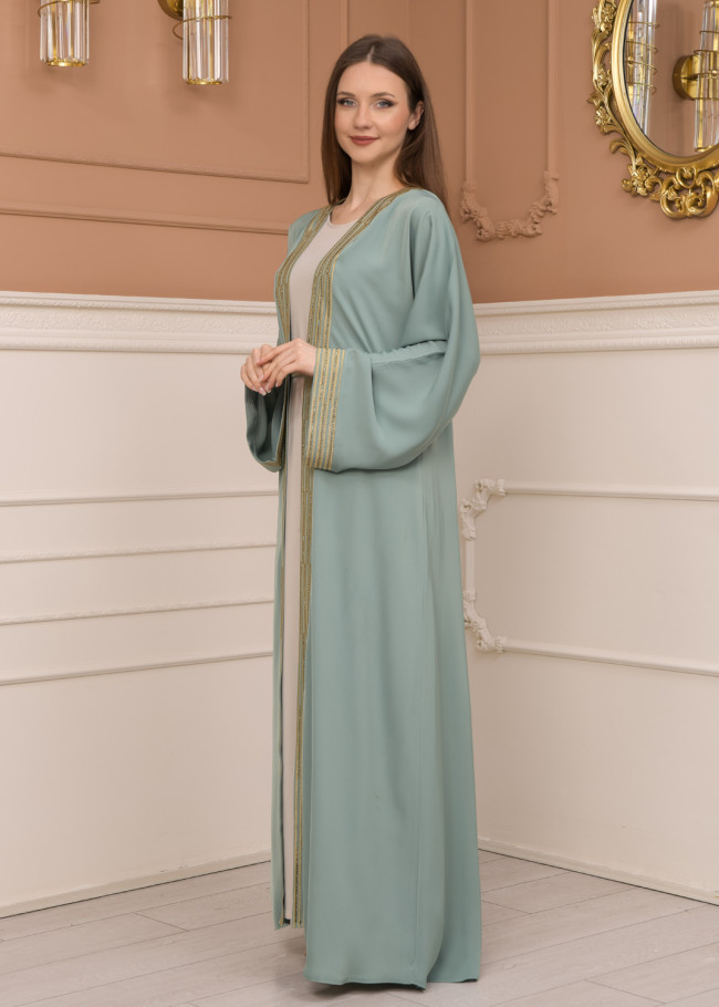 2-PIECE SET EMBROIDERED ABAYA AND DRESS 680 - mint