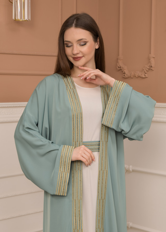 2-PIECE SET EMBROIDERED ABAYA AND DRESS 680 - mint