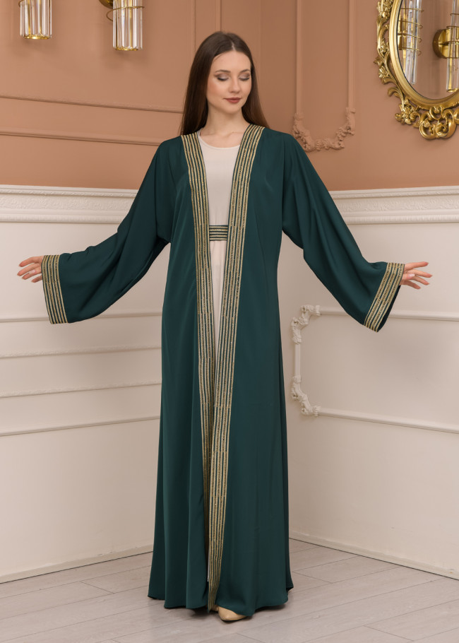 2-PIECE SET EMBROIDERED ABAYA AND DRESS 680 - green