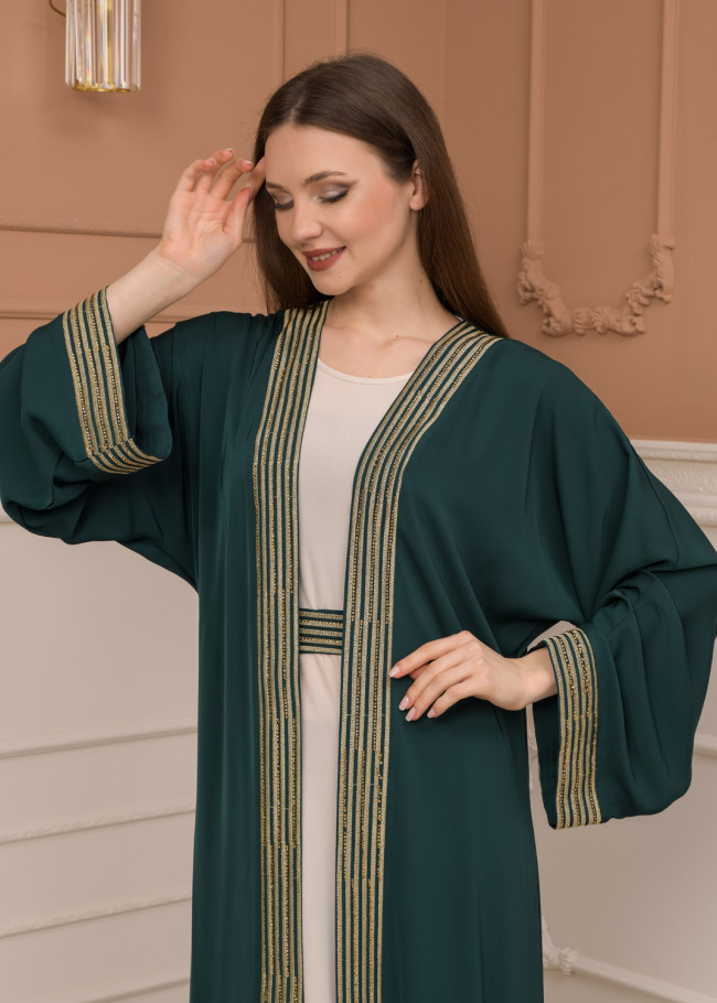 2-PIECE SET EMBROIDERED ABAYA AND DRESS 680 - green