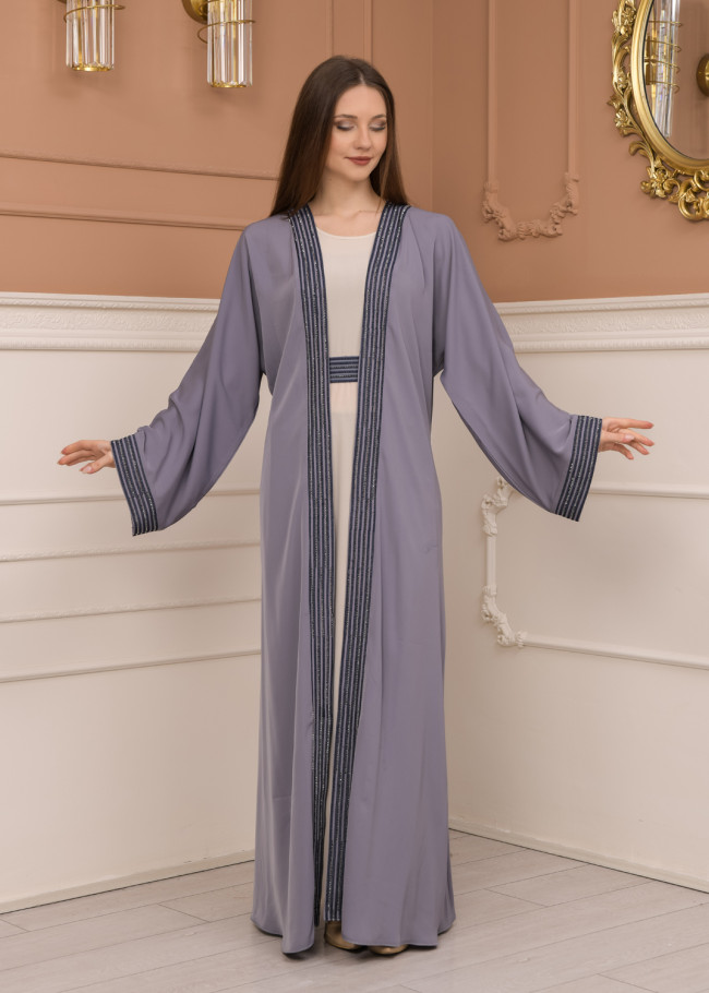 2-PIECE SET EMBROIDERED ABAYA AND DRESS 680 - gray