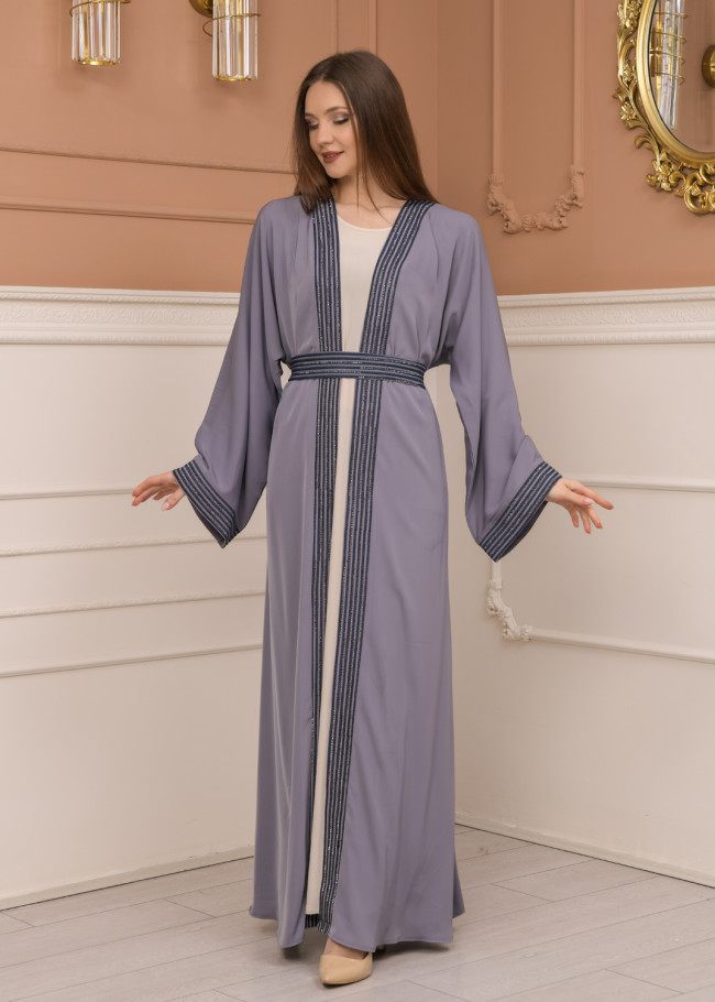 2-PIECE SET EMBROIDERED ABAYA AND DRESS 680 - gray