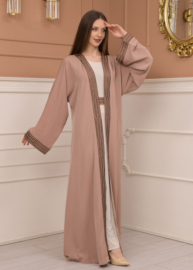 2-PIECE SET EMBROIDERED ABAYA AND DRESS 680 - beige