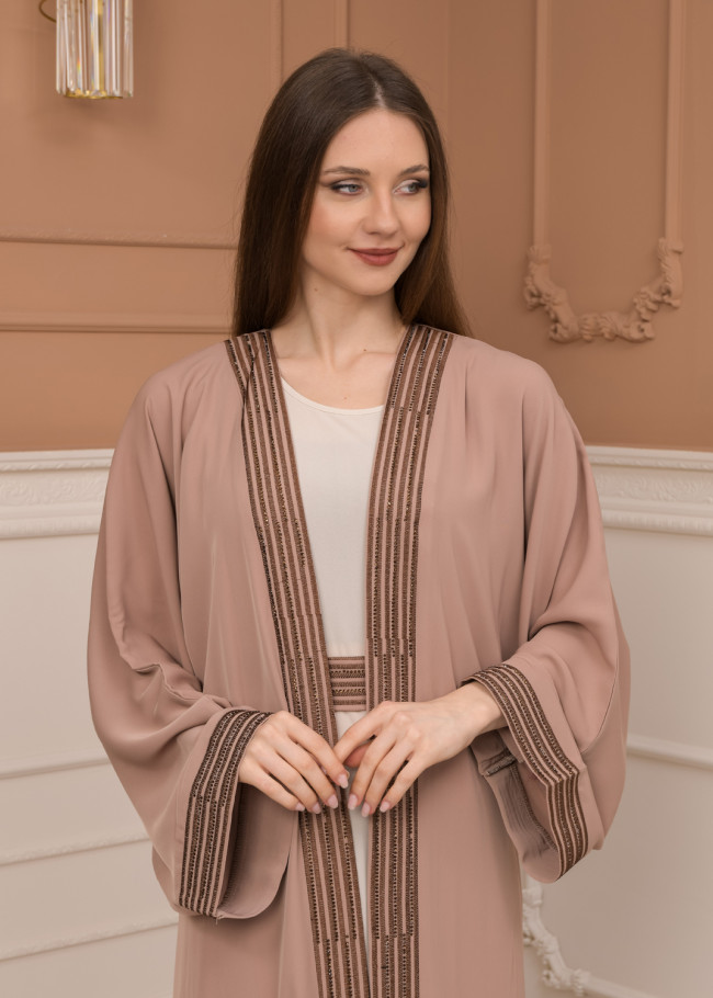 2-PIECE SET EMBROIDERED ABAYA AND DRESS 680 - beige