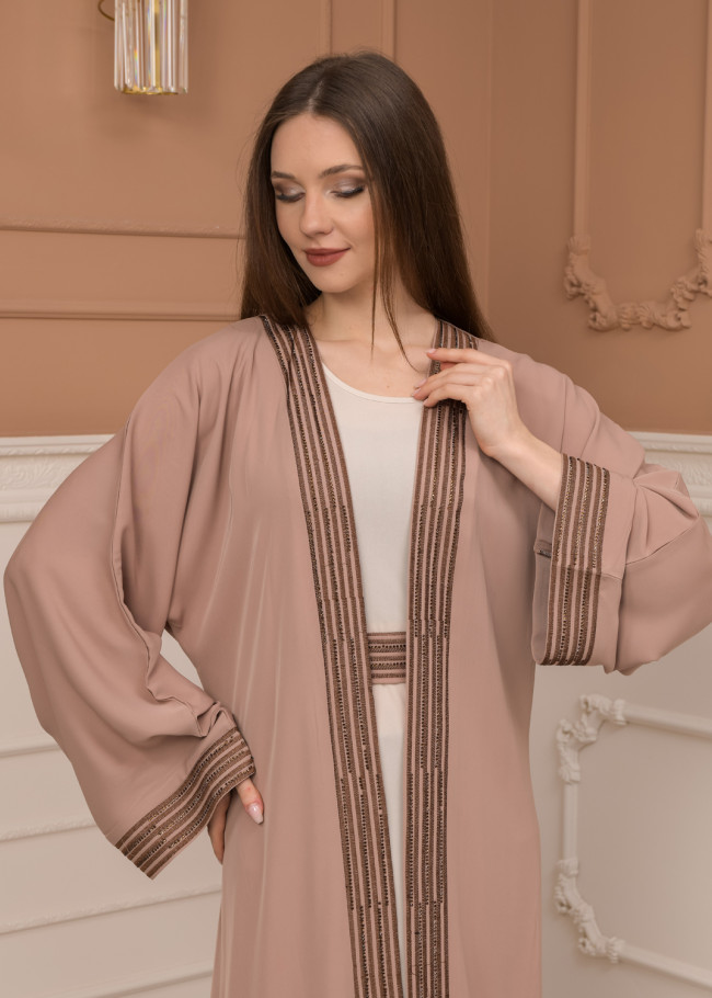 2-PIECE SET EMBROIDERED ABAYA AND DRESS 680 - beige