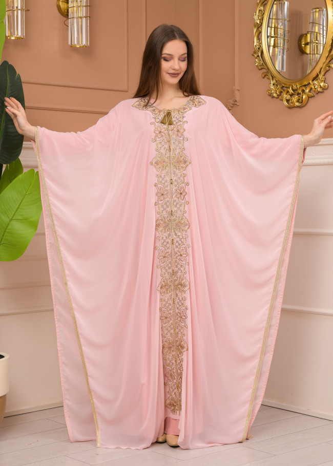 2-Piece Set Stone Embroidered Batwing Abaya & Dress 682 - pink