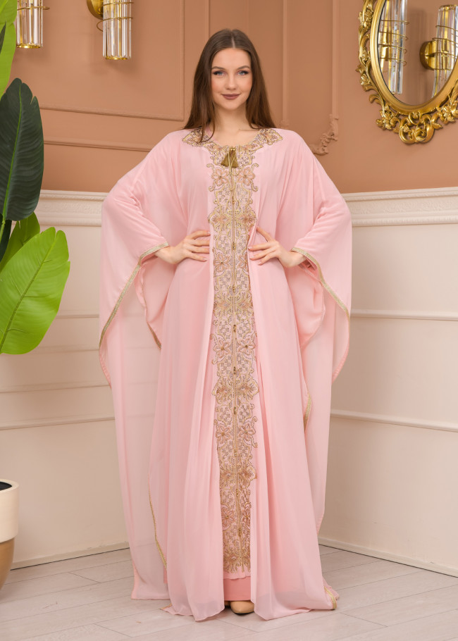 2-Piece Set Stone Embroidered Batwing Abaya & Dress 682 - pink