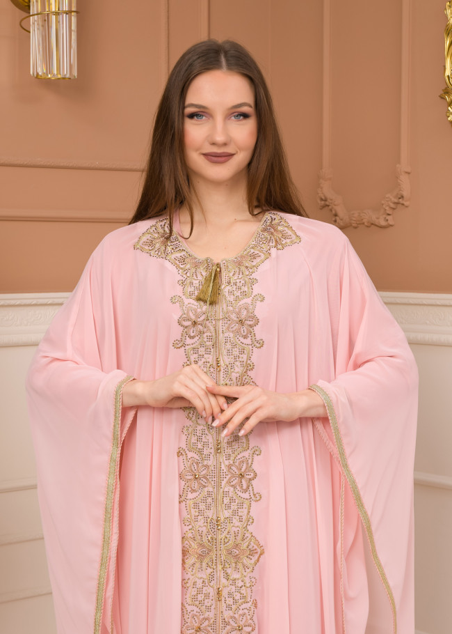 2-Piece Set Stone Embroidered Batwing Abaya & Dress 682 - pink