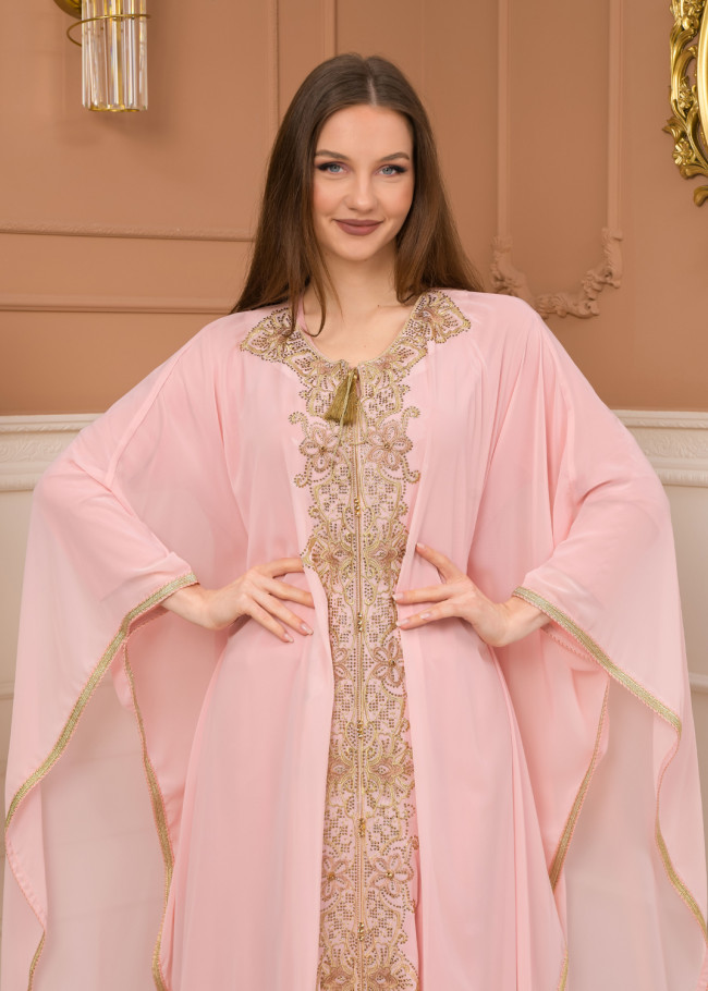 2-Piece Set Stone Embroidered Batwing Abaya & Dress 682 - pink