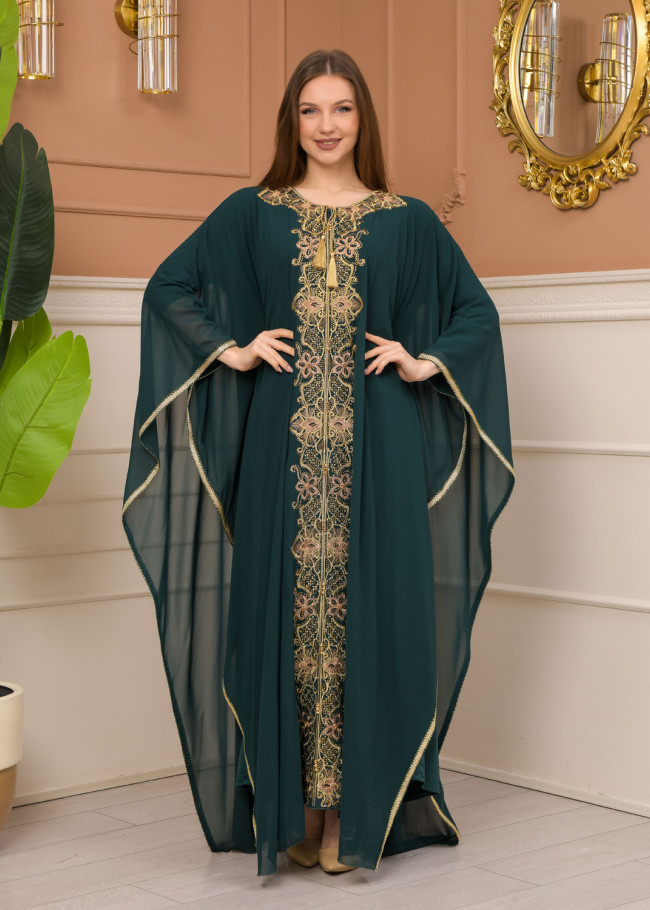 2-Piece Set Stone Embroidered Batwing Abaya & Dress 682 - green
