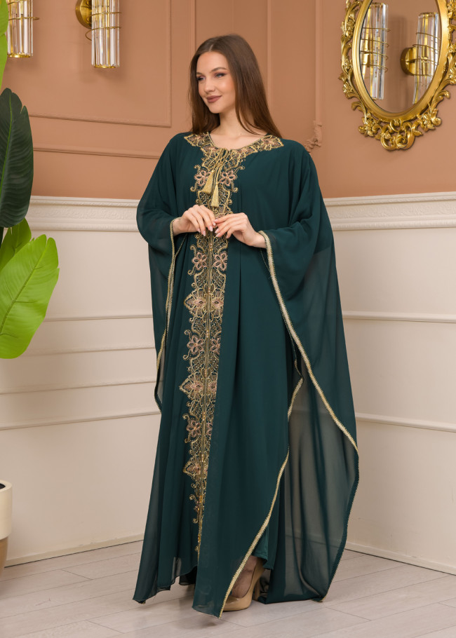 2-Piece Set Stone Embroidered Batwing Abaya & Dress 682 - green