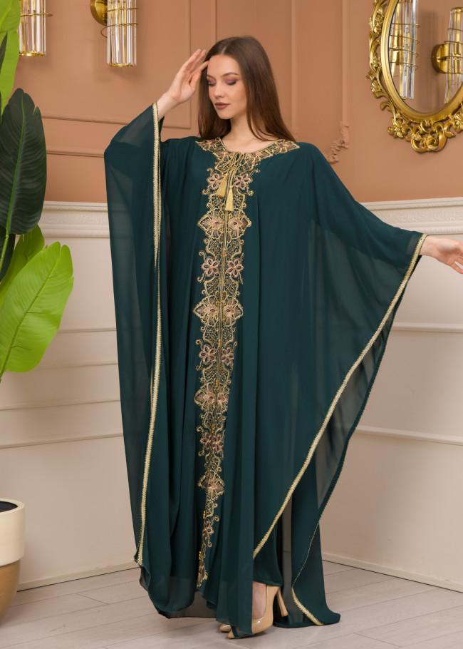 2-Piece Set Stone Embroidered Batwing Abaya & Dress 682 - green