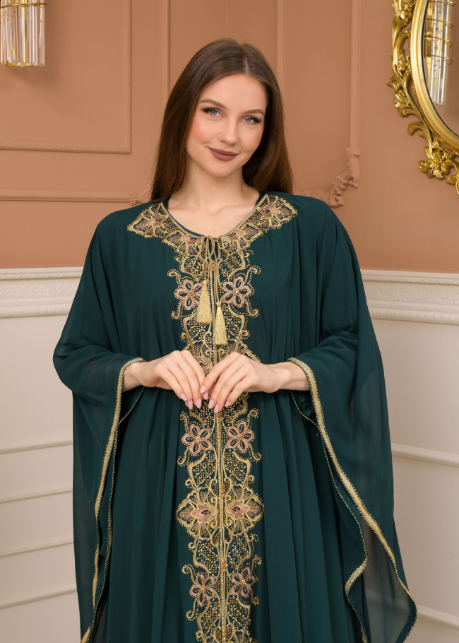 2-Piece Set Stone Embroidered Batwing Abaya & Dress 682 - green