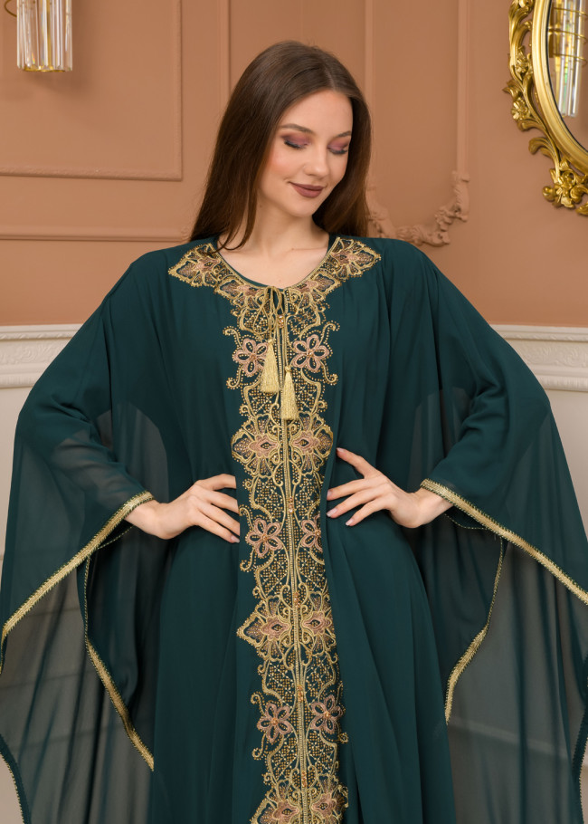 2-Piece Set Stone Embroidered Batwing Abaya & Dress 682 - green