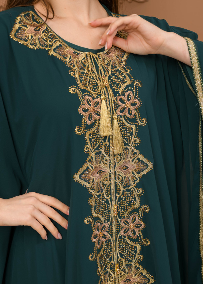2-Piece Set Stone Embroidered Batwing Abaya & Dress 682 - green