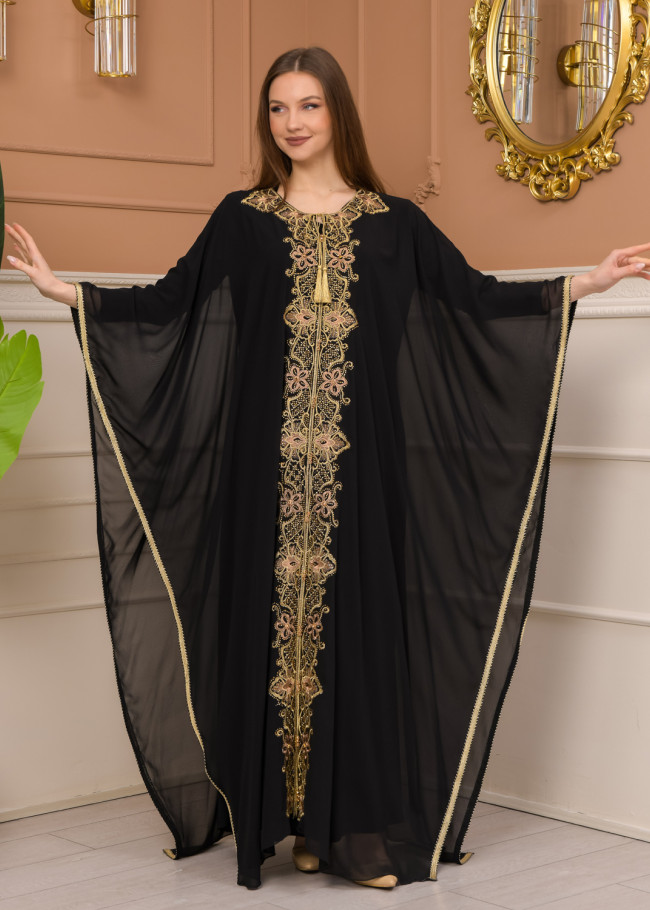2-Piece Set Stone Embroidered Batwing Abaya & Dress 682 - black