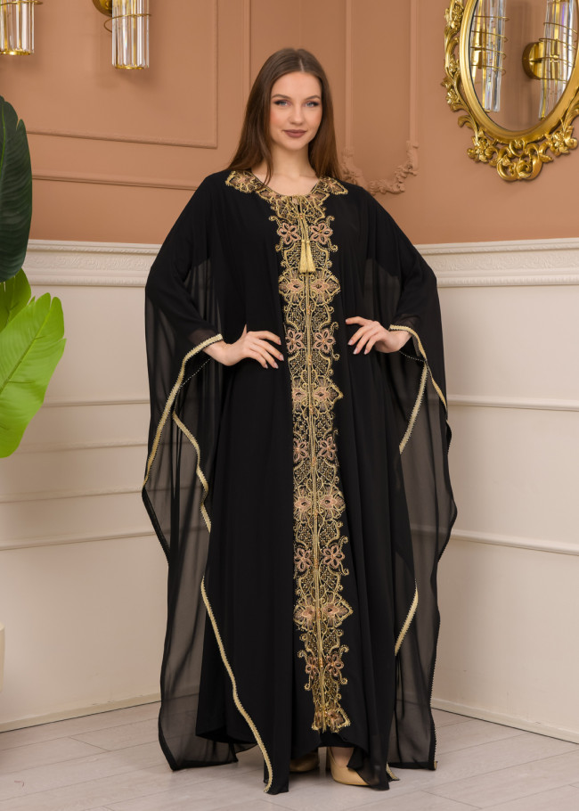 2-Piece Set Stone Embroidered Batwing Abaya & Dress 682 - black