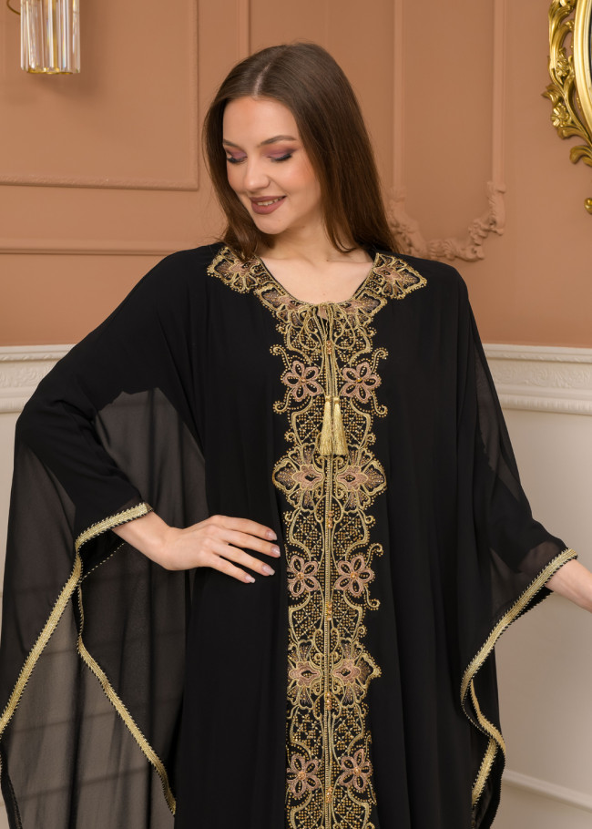 2-Piece Set Stone Embroidered Batwing Abaya & Dress 682 - black