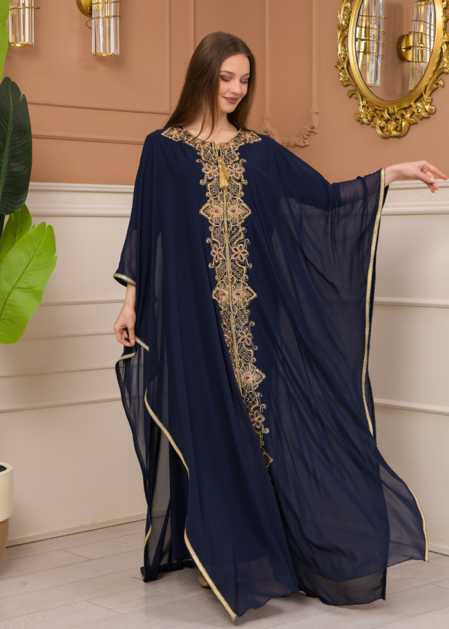 2-Piece Set Stone Embroidered Batwing Abaya & Dress 682 - deep blue