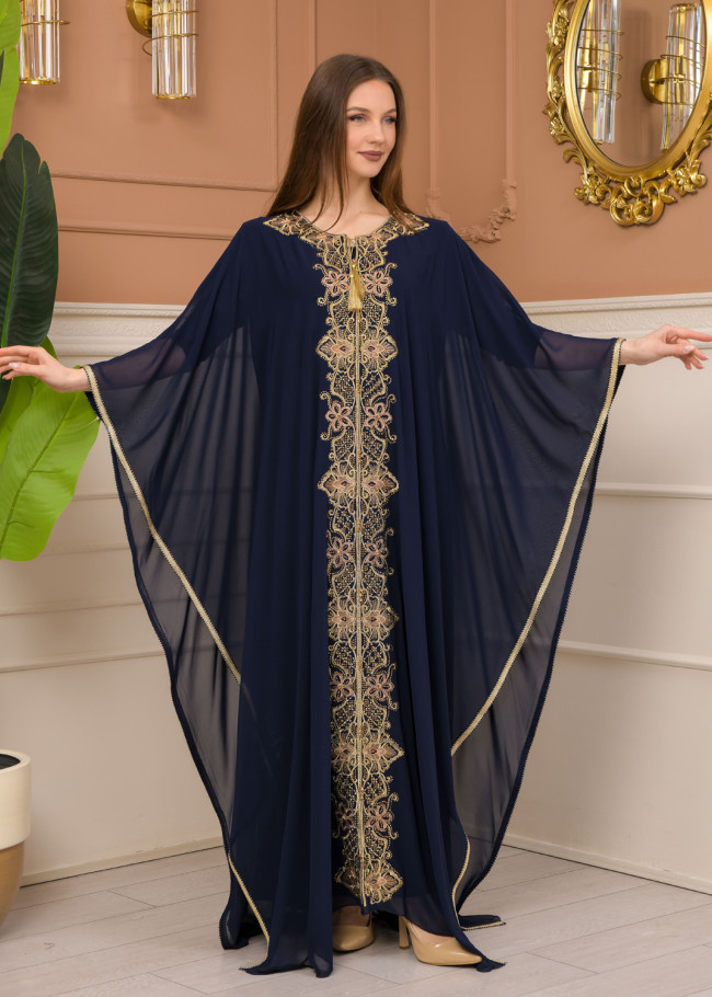 2-Piece Set Stone Embroidered Batwing Abaya & Dress 682 - deep blue