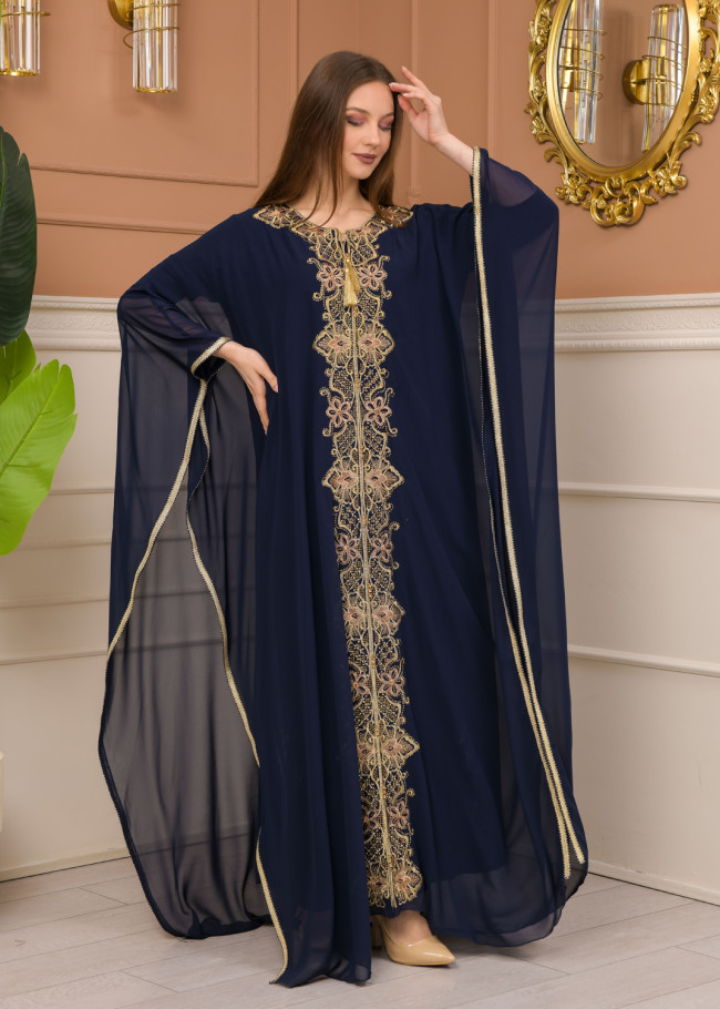 2-Piece Set Stone Embroidered Batwing Abaya & Dress 682 - deep blue