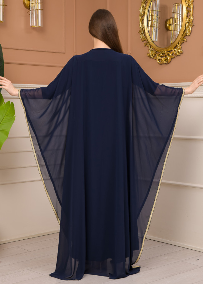 2-Piece Set Stone Embroidered Batwing Abaya & Dress 682 - deep blue
