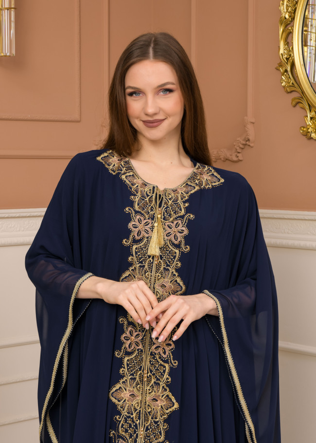 2-Piece Set Stone Embroidered Batwing Abaya & Dress 682 - deep blue