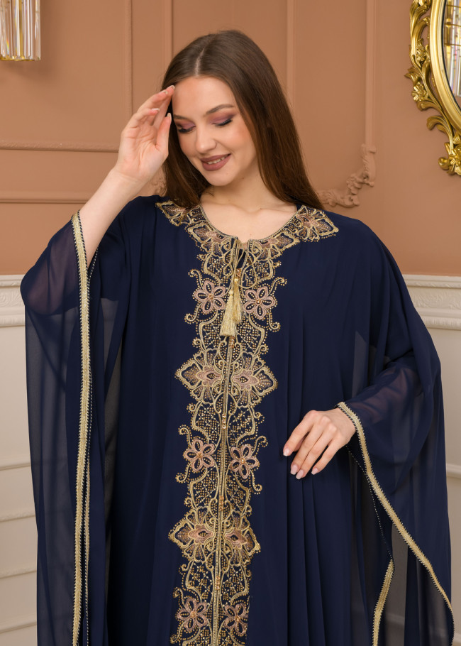2-Piece Set Stone Embroidered Batwing Abaya & Dress 682 - deep blue