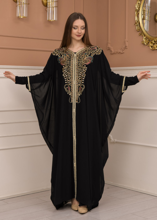 2-piece Stone-Embellished Detailed Batwing Abaya Dress 681 - black