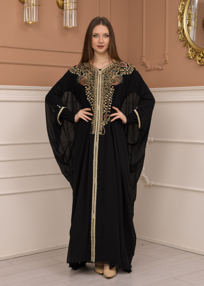 2-piece Stone-Embellished Detailed Batwing Abaya Dress 681 - black