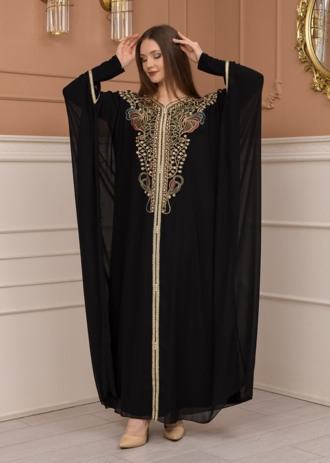 2-piece Stone-Embellished Detailed Batwing Abaya Dress 681 - black