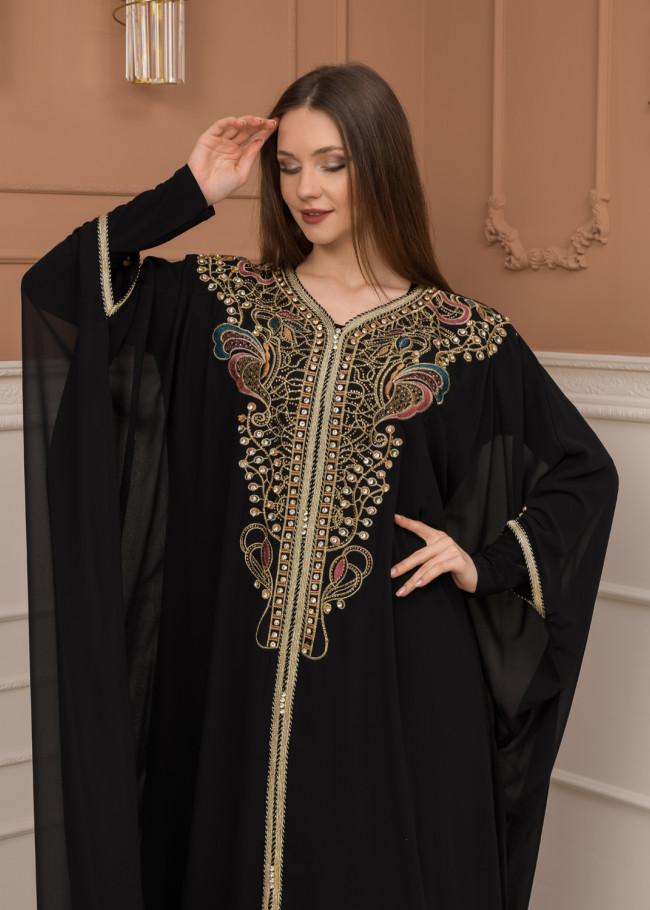 2-piece Stone-Embellished Detailed Batwing Abaya Dress 681 - black