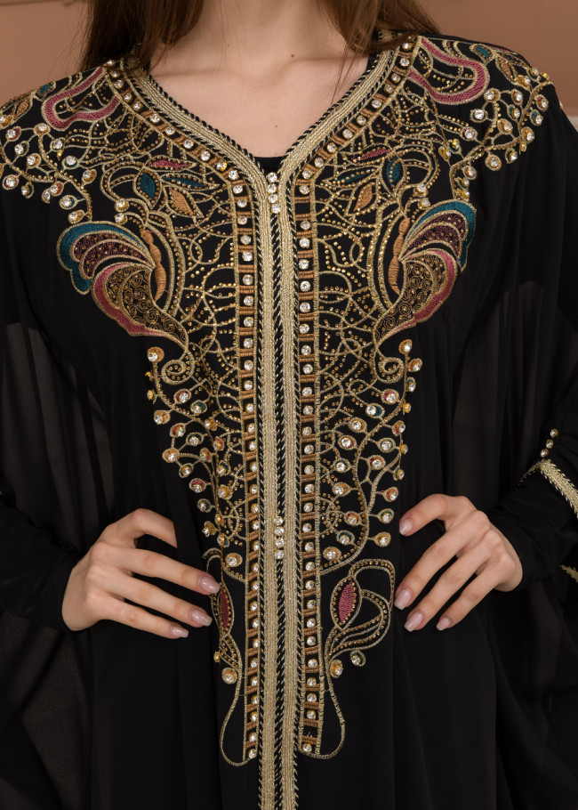 2-piece Stone-Embellished Detailed Batwing Abaya Dress 681 - black
