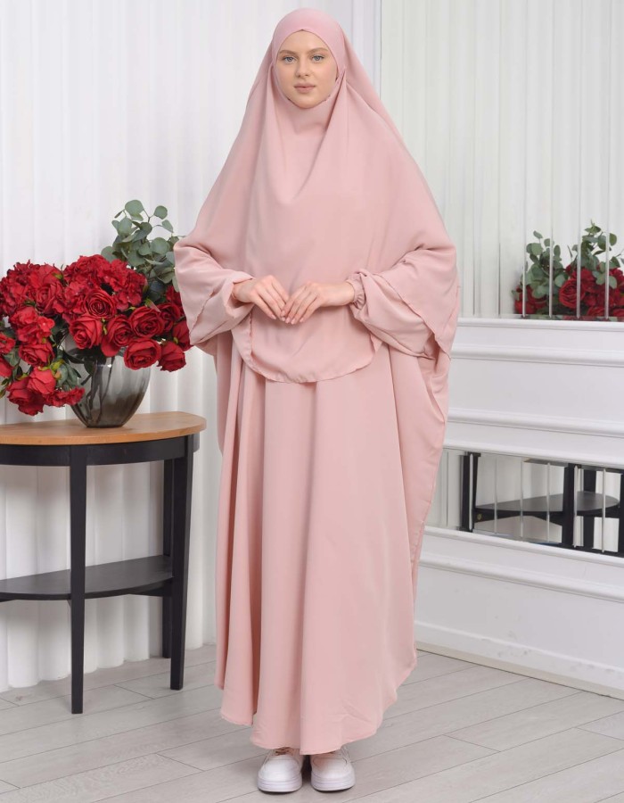 Muslim Wear Hijab Dresses , Womens Clothes Butterfly Hijab Set 2 Pieces 826 - powder pink/ dusty pink