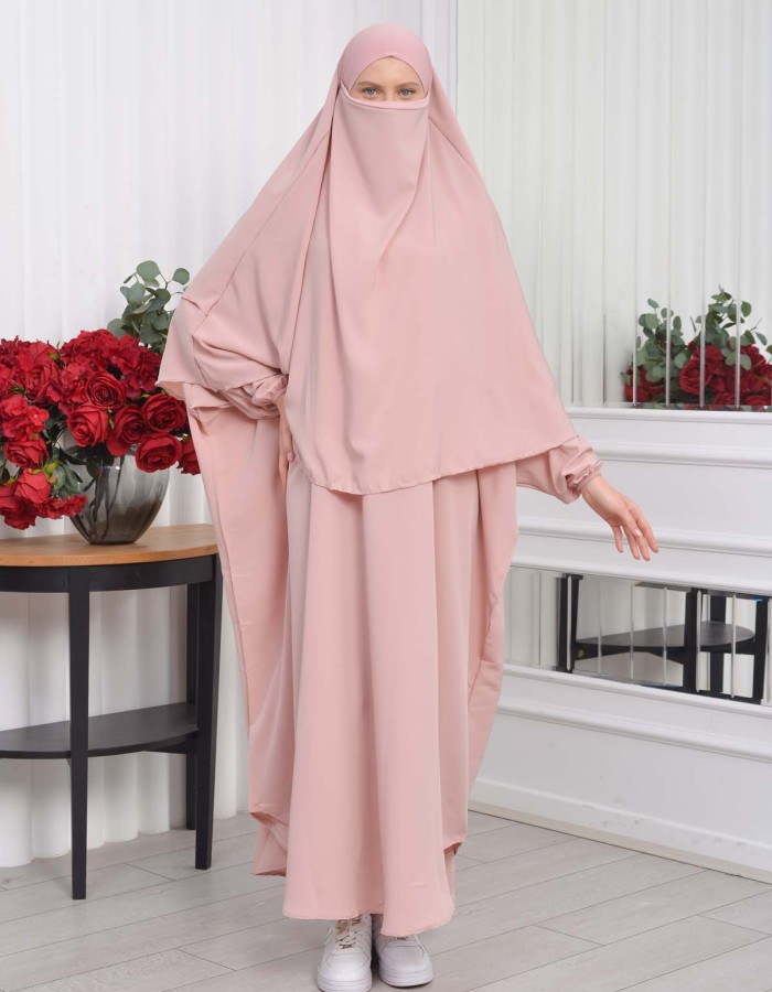 Muslim Wear Hijab Dresses , Womens Clothes Butterfly Hijab Set 2 Pieces 826 - powder pink/ dusty pink