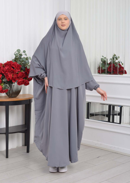 grey dress matching hijab Jameela Light Grey Classic Open Abaya 3pcs Set (Inner, Belt & Hijab) – main image 0