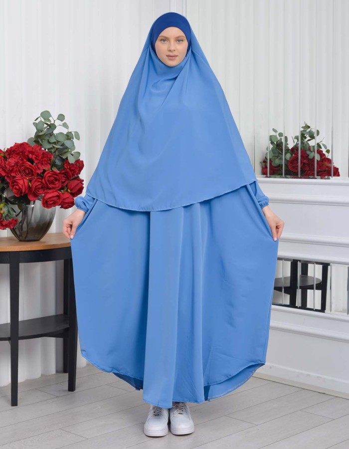 Muslim Wear Hijab Dresses , Womens Clothes Butterfly Hijab Set 2 Pieces 826 - blue