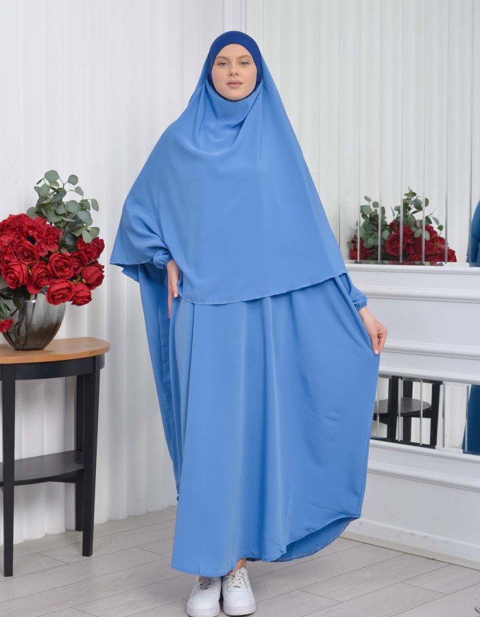 Muslim Wear Hijab Dresses , Womens Clothes Butterfly Hijab Set 2 Pieces 826 - blue
