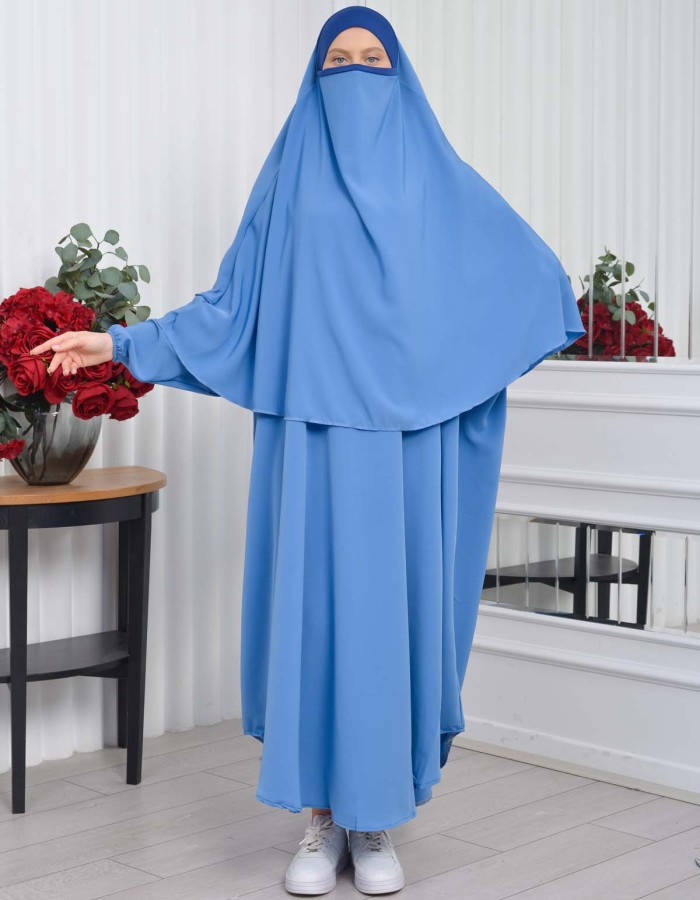Muslim Wear Hijab Dresses , Womens Clothes Butterfly Hijab Set 2 Pieces 826 - blue