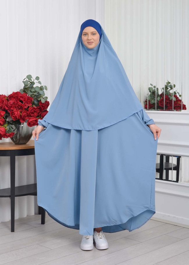 Muslim Wear Hijab Dresses , Women's Clothes Butterfly Hijab Set 2 Pieces 826 Bebe Mavi