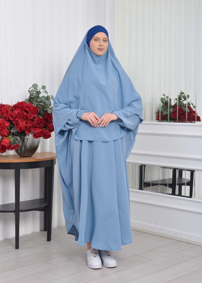 Muslim Wear Hijab Dresses , Women's Clothes Butterfly Hijab Set 2 Pieces 826 Bebe Mavi